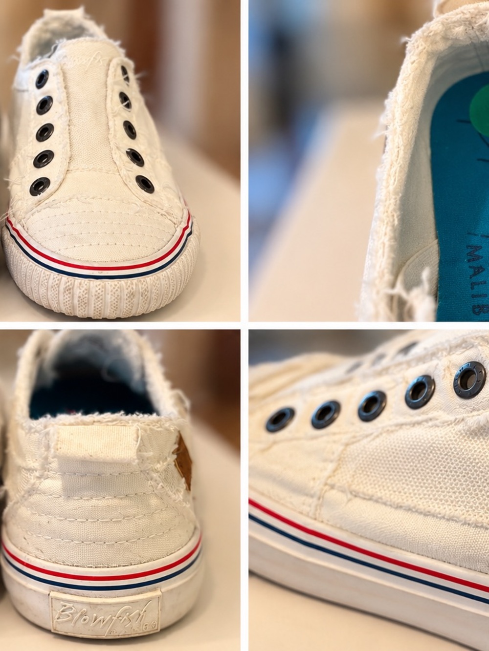 Blowfish Women’s Cream Slip-On Canvas Sneakers with Red & Blue Stripe